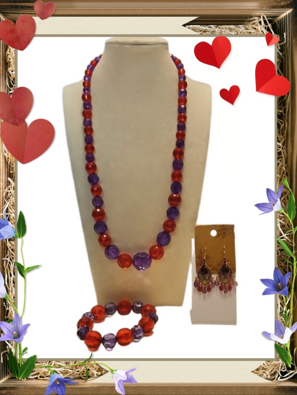 Red and Purple Acrylic Beaded Necklace & Matching Bracelet With Dangle Earrings